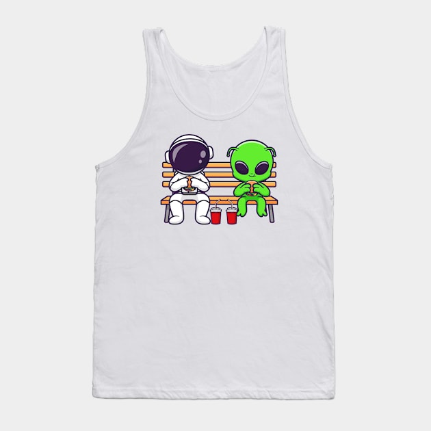 Cute Astronaut And Alien Eating Fastfood On Bench Park Cartoon Tank Top by Catalyst Labs